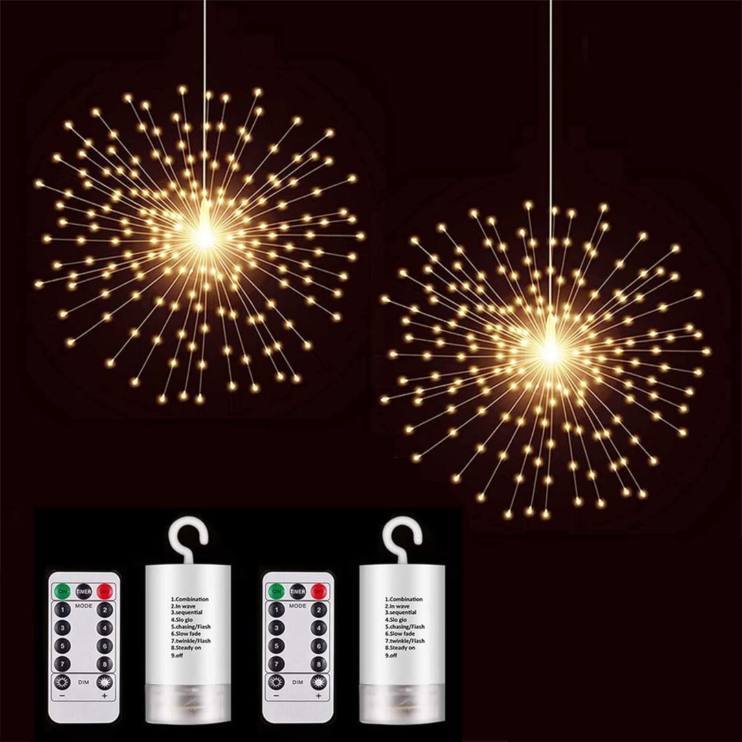 2 Pack Starburst Sphere Lights,200 LLED Firework Lights, 8 Modes Dimmable Remote Control Waterproof Hanging Fairy Light, Copper Wire Light for Patio Parties Christmas (Battery Operated) (2 pcs Warm White)