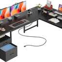 PRAISUN 63 Inch L Shaped Desk with Power Outlets and USB-C Port, Computer Corner Home Office Desk with File Fabric Drawers and Movable Monitor Stand, Larger Storage, Gaming, Writing, Work, Black