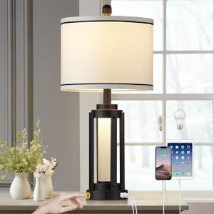 26" Modern Table Lamp with USB A+C Charging Ports & AC Outlet, Industrial Beside Contemporary Lamp Glass LED Night Light for Living Room Bedroom Nightstand End Table Single Black (2 Bulbs Included)