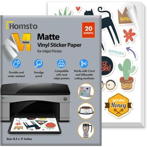 Printable Vinyl Sticker Paper for Inkjet Printer - Self Adhesive Matte Waterproof Sticker Paper - 20 Sheets 8.5x11 - Easy Cut & Peel, Premium Quality Sticker Printer Paper for Crafts, Labels, Decals