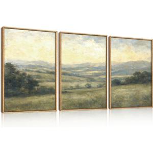 Large Vintage Green Grey Landscape Framed Canvas Wall Art Set,Abstract Rustic Countryside Forest Wall Decor,Retro Oil Painting Wilderness Artwork for Living Room,Bedroom,Farmhouse-16 x24 x3