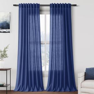 Nanspring Classic Blue Linen Curtains 108 Inches Long for Living Room Bedroom 2 Panels Set Extra Long Back Tab Curtain Light Filtering Sheer Drapes Floor to Ceiling Curtain for Large Windows 52x108