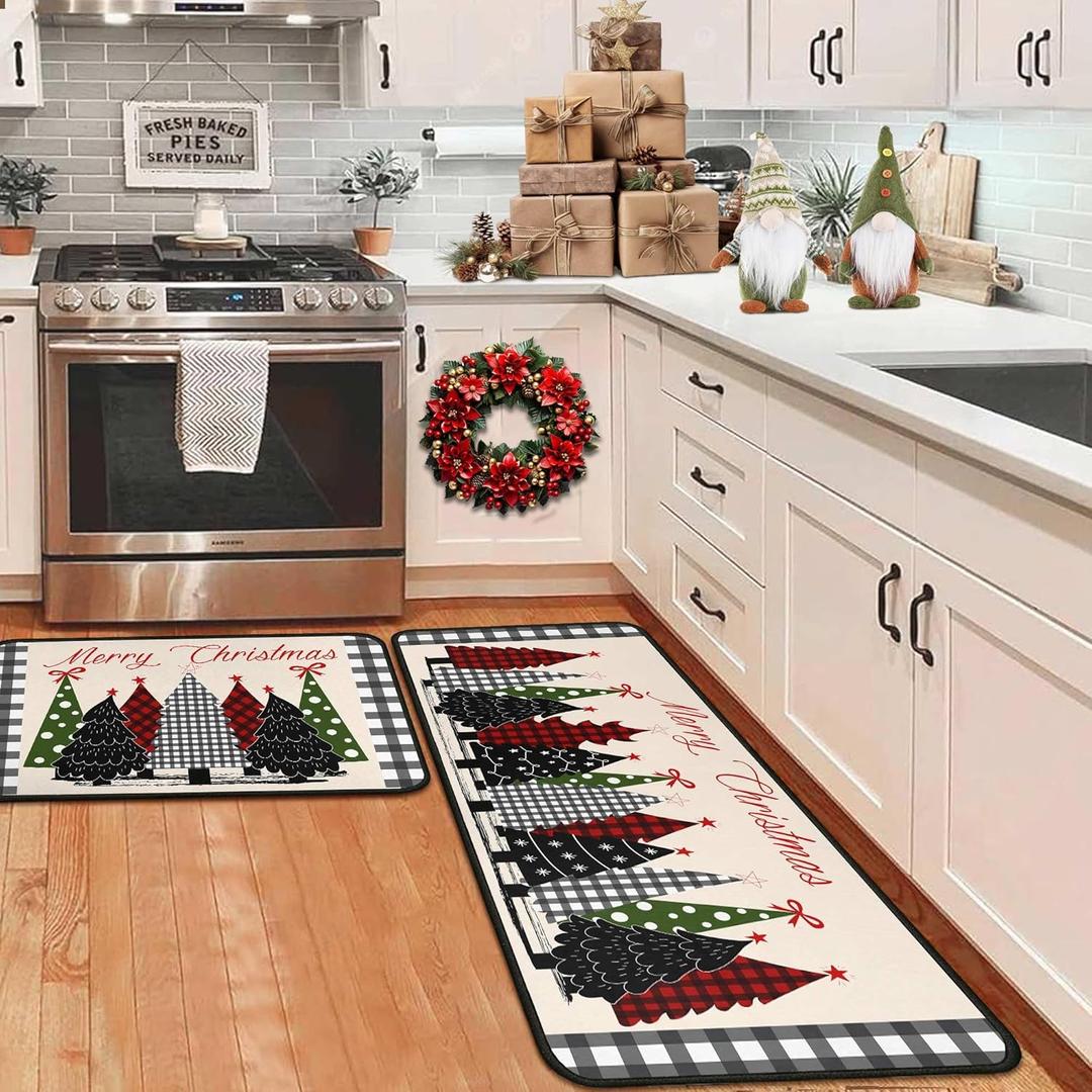 Buffalo Plaid Xmas Trees Merry Christmas Kitchen Rugs Set of 2, Winter Holiday Party Low-Profile Floor Mat Decorations for Home Kitchen 17"x47"+17"x30"