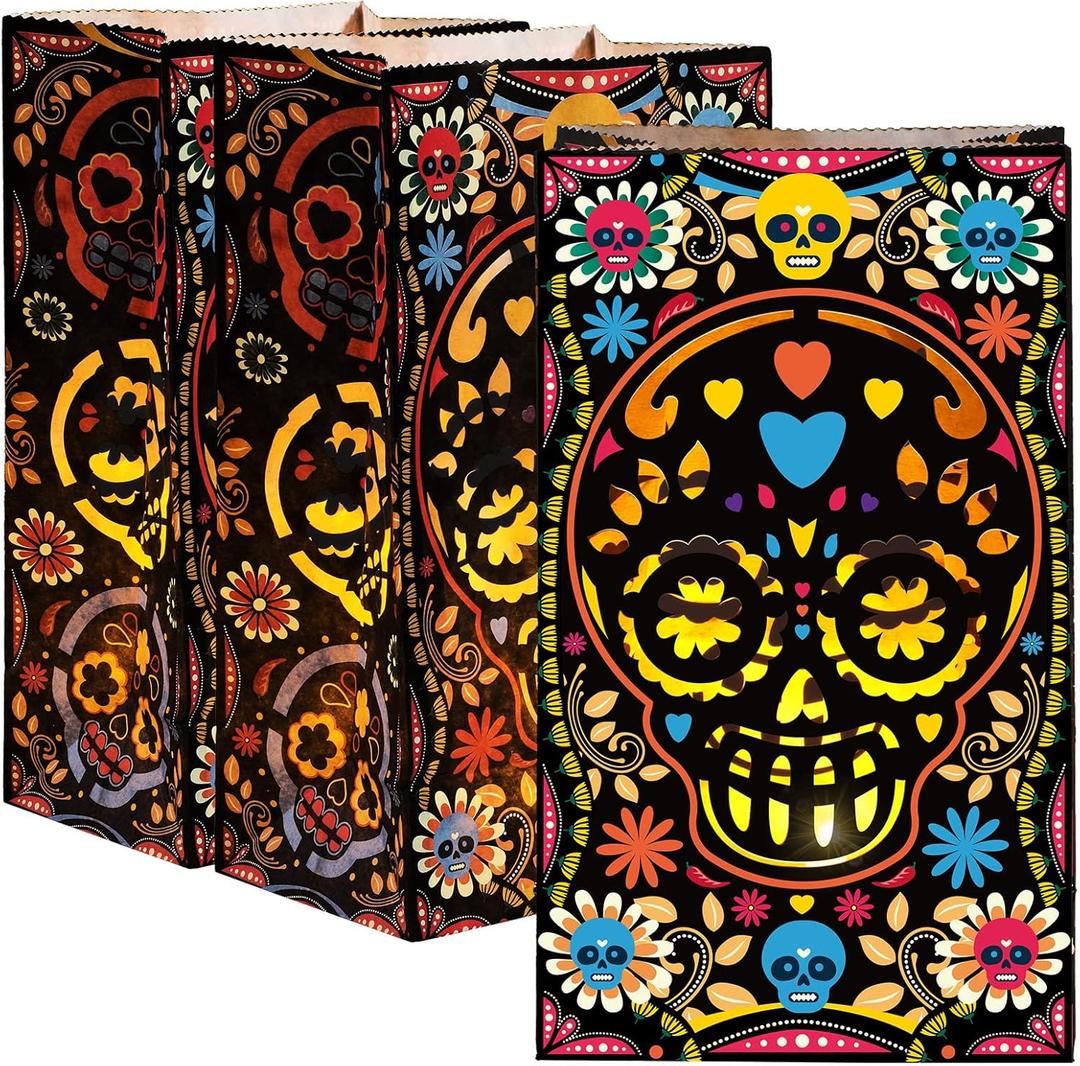 24 Pcs Halloween Day of The Dead Luminary Bags Paper Treat Bags Black Dia de Muertos Flame Resistant Candle Bags Goodie Present Wrap Bags for Halloween Party Favors Supplies