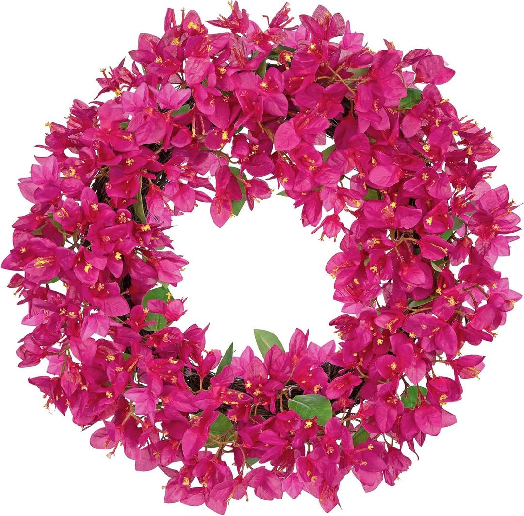 Briful Spring Front Door Wreath 18inches Artificial Bougainvillea Flower Wreath Silk Pink Floral Hanging Wreath Outdoor Summer Wreath for Home Wall Mantle Party Wedding Dcor