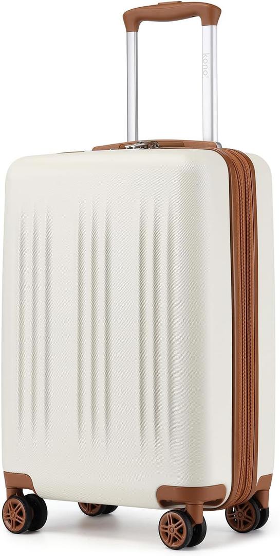 Kono Small 20 Inch Expandable Carry On Luggage with Quiet Spinner Wheels & TSA Lock, Scratch and Drop Resistant PC+ABS Hardside 22x14x9 Airline Approved Suitcase, Cream White & Brown