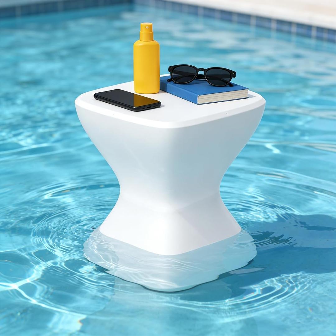 Multi-Scene Outdoor Side Table - 18" Polyethylene Pool Side Table, Pre-Weighted & Adjustable Feet for Stability in Pool, on Patio or Deck -All-Weather Pool Furniture, White