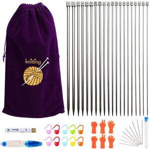 KOKNIT 11 Pairs Knitting Needle Set, 10'' Length Stainless Steel Single Pointed Sweater Staight Needle Kit in Different Sizes, Great for Weaving or Knitting (25cm)
