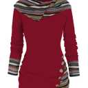 DRESSFO Women's Tribal Stripe Hooded Knit Top – Long Sleeve Pullover Sweatshirt with Mock Button Detail (Red/2X)