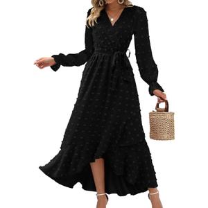 BTFBM Long Sleeve Maxi Dresses for Women V Neck Swiss Dot Boho Flowy Slit Cocktail Wedding Guest Dress Fall Clothes 2025 (Large, Black)