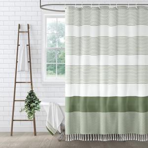 Sage Green Shower Curtain Cotton Boho Striped Shower Curtains for Bathroom with Tassel 72 X 72