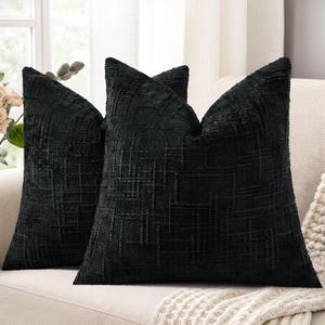 decorUhome Black Chenille Euro Sham Throw Pillow Covers 24x24 Set of 2 Textured Soft Cozy Slubby Couch Pillow Covers Modern Farmhouse Boho Decorative Pillow Cases for Bed Sofa Living Room