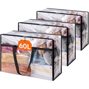 Lifewit 3 Pack Clear Clothes Storage Bags, 60L Plastic Blanket Storage Bag, Vinyl Foldable Moving Bags with Zipper, Closet Organizers and Storage Containers for Bedding, Duvet, Comforter