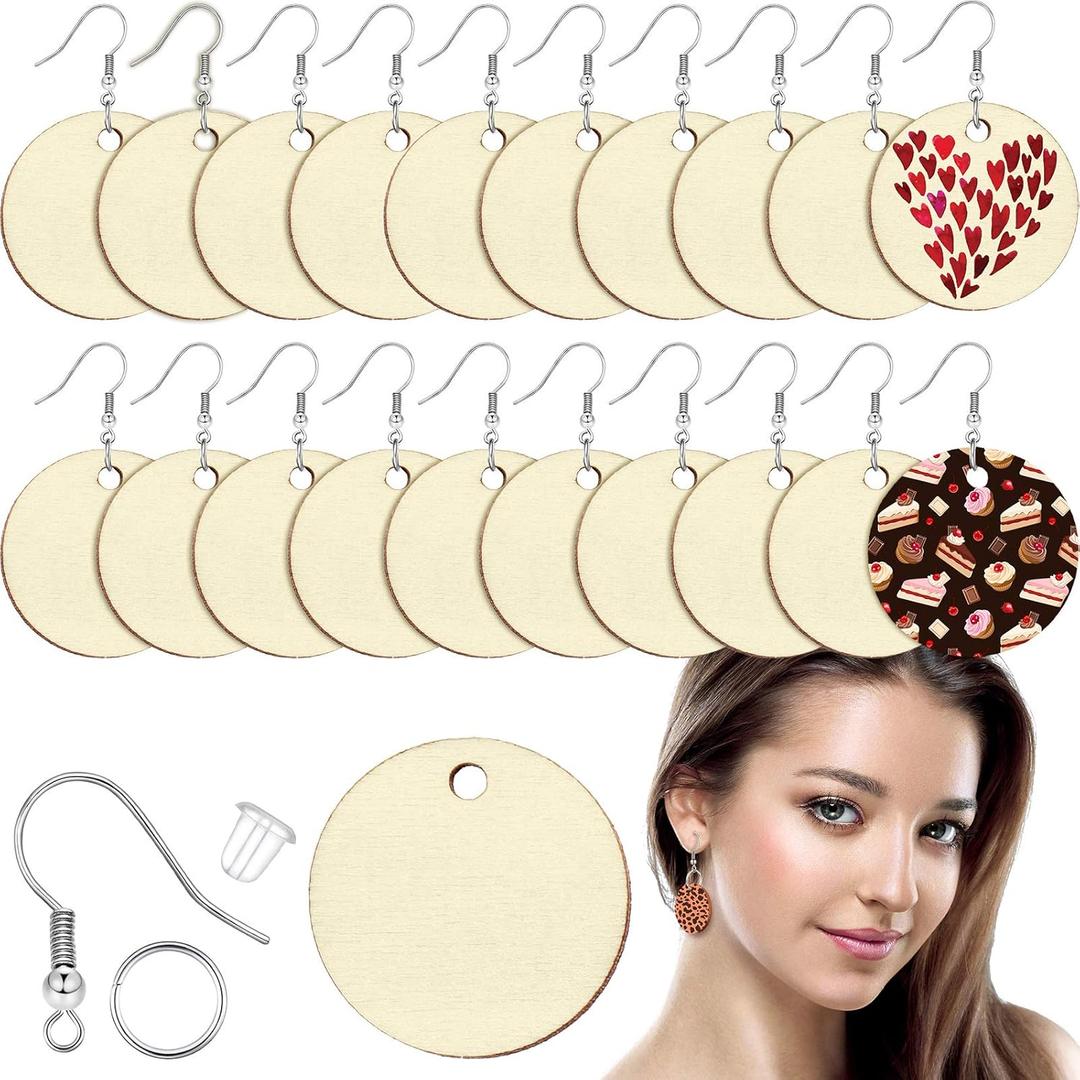 Hicarer 200 Pieces Unfinished Wooden Earrings Blank Round Wood Pendants, Include 50 Hooks and 50 Jump Rings 50 Earrings Backs for Jewelry DIY Craft for Mother's Day Beach Vacation Gift(1 Inch)