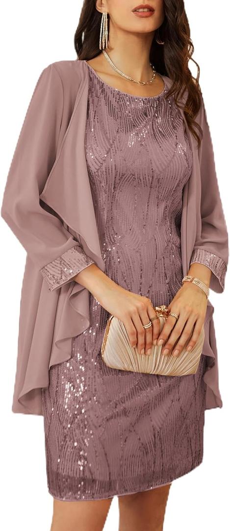GRACE KARIN Women's Sequin Dress Wedding Guest Dresses Mother of the Bride Dresses Formal Dress Two Piece Dress Knee Length (Coupled Pink) Small