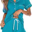 Aamikast Button Up Pajama Set for Women Shorts Short Sleeve Knit Sleepwear 2 Pice Pjs Sets (L)