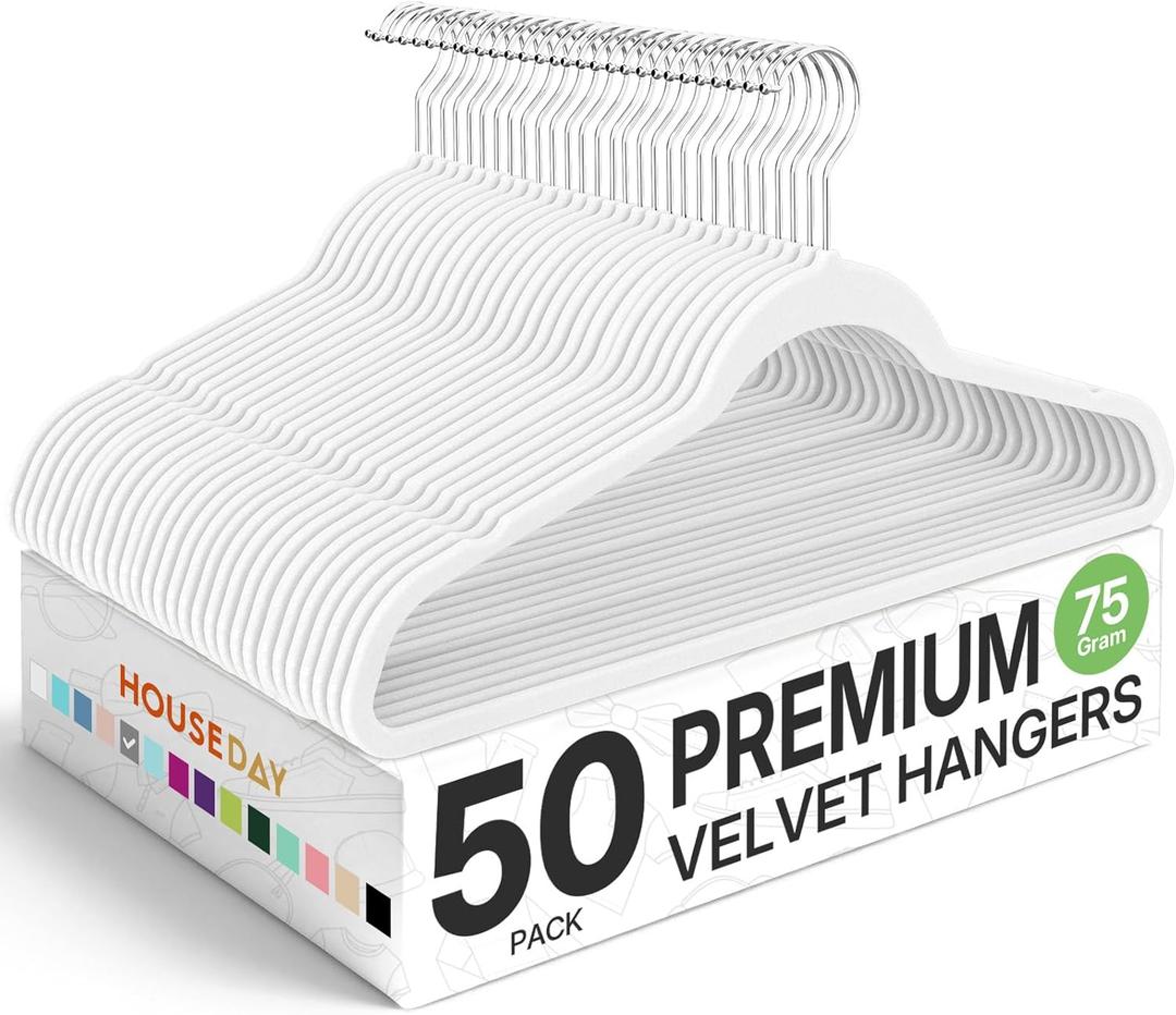 HOUSE DAY Premium Velvet Hangers 50 Pack, Non-Slip Flocked Felt Hangers, Sturdy Clothes Hangers with 360 Rotatable Hook, Heavy Duty Coat Hanger, Durable Slim White Hanger for Closet Space Saving