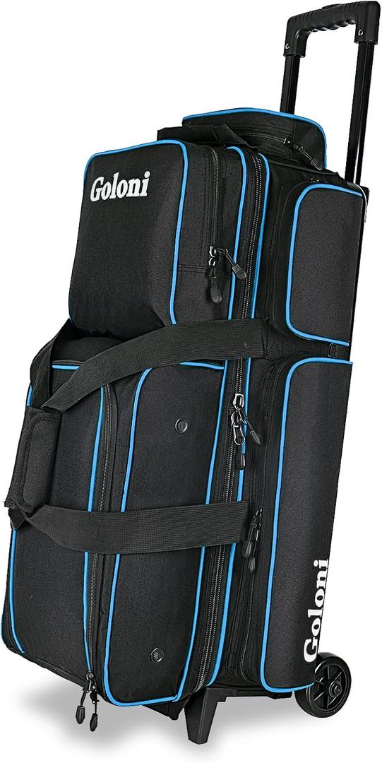 3 Ball Bowling Bags with Wheels,Rolling Bowling Ball Bag for 3 Bowling Balls & Bowling Accessories -Retractable Handle Extends to 38", Blue 