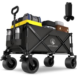 Wagons carts Foldable with Silent All-Terrain Wheels, Collapsible Heavy Duty Beach Wagon with Cup Holders and Brakes, Large Foldable Wagon for Camping,Garden,Shopping,Sports Black