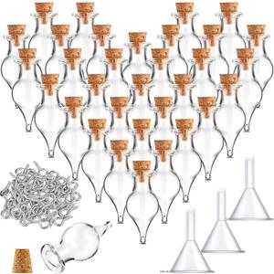 Geiserailie Mini Glass Bottles Potion Teardrop Shaped Glass Bottles Jars with Cork Stoppers with Eye Screws and Small Funnels for Christmas Birthday Party Favors DIY Art Crafts (93 Pieces)