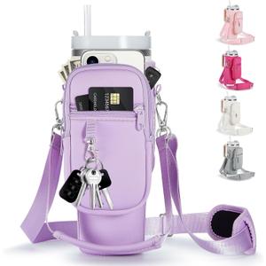 linmaya Water Bottle Carrier Bag with Phone Pocket for Stanley Cup 40/30oz,Insulated Neoprene Water Bottle Holder Cross-boday Bag with Adjustable Shoulder & Handheld Strap Stanley Cup Accessories (orchid)