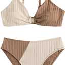 OYOANGLE Girl's 2 Piece Colorblock Ring Linked Bikini Swimsuit Ribbed Knit Bathing Suit (9 Years, Apricot Khaki)