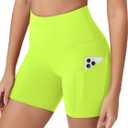ODODOS Women's Tummy Control Biker Shorts 2.0 with Pockets High Waist Athletic Workout Yoga Shorts-3.5''/ 5"/ 8" / 10" Inseam (Neon Green Yellow)