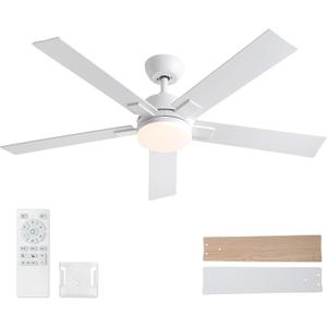 Rayqueen 52 Inch Ceiling Fans with Lights and Remote, White Ceiling Fan with 5 Blades, 6 Speed Reversible DC Motor, 3CCT Dimmable LED, Modern Design for Bedroom, Living room & Covered Outdoor, Includes Downrod