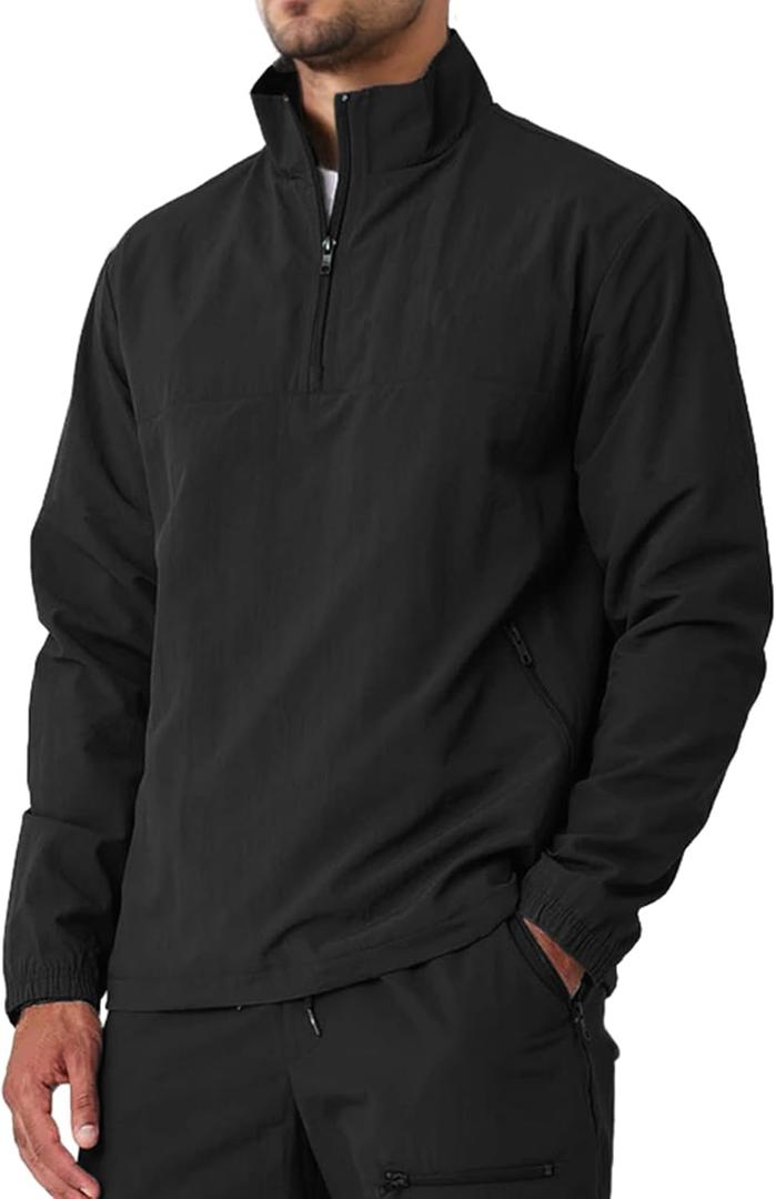 Aulemen Men's Casual Quarter Zip Pullover Golf Windbreakers Athletic Lightweight Jacket Hiking Running Sweatshirt with Pocket (Large, Black)