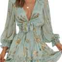 Dokotoo Womens Casual Spring Fall 2025 Deep V Neck Knotted Tiered Chiffon Elegant Mini Short Swing Skater Dresses (Medium, 4 Green)