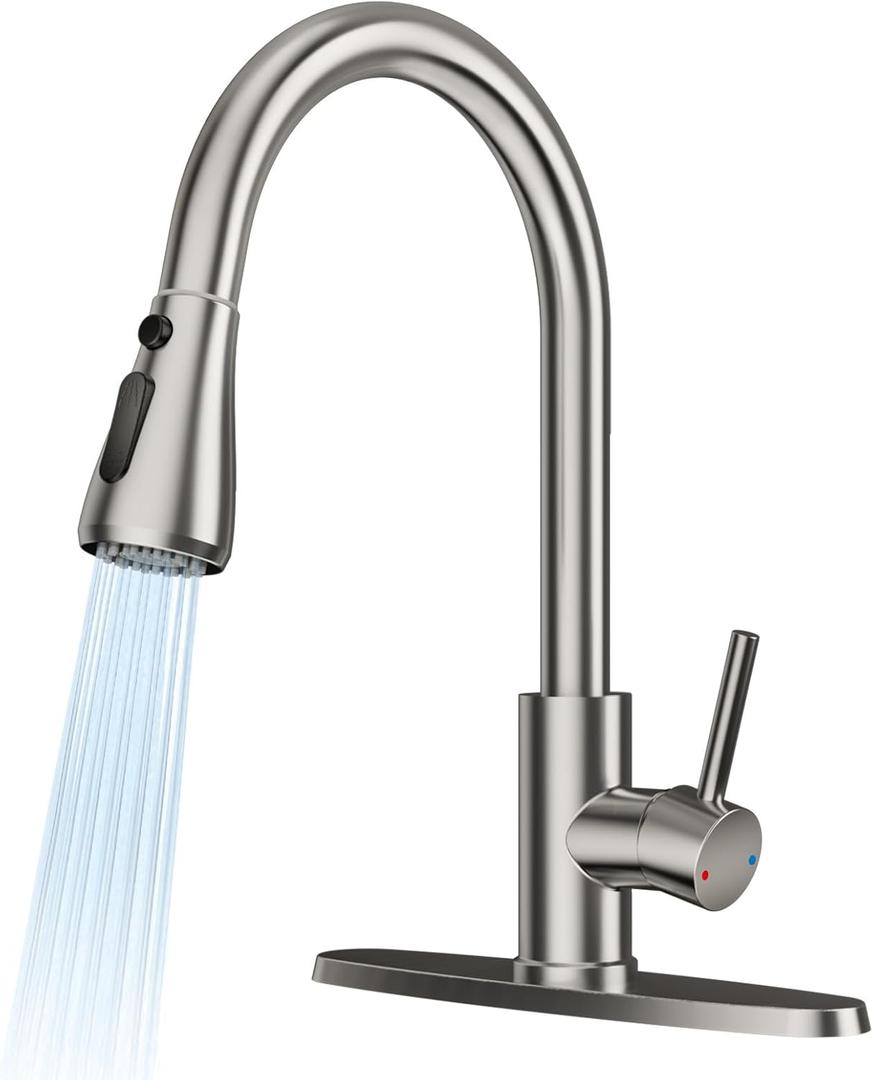 FEELSO Kitchen Faucets with Pull Down Sprayer, High Arc Stainless Steel Single Handle Kitchen Sink Faucet, 1 or 3 Hole Brushed Nickel Water Faucets for Farmhouse Laundry Camper Rv Bar