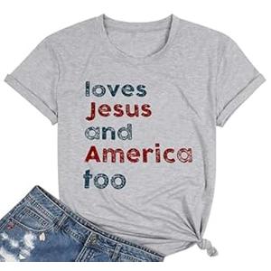 4th of July Tops for Women Loves Jesus and America Too Shirt Patriotic Shirts Red White and Blue Tshirts Gray, Large