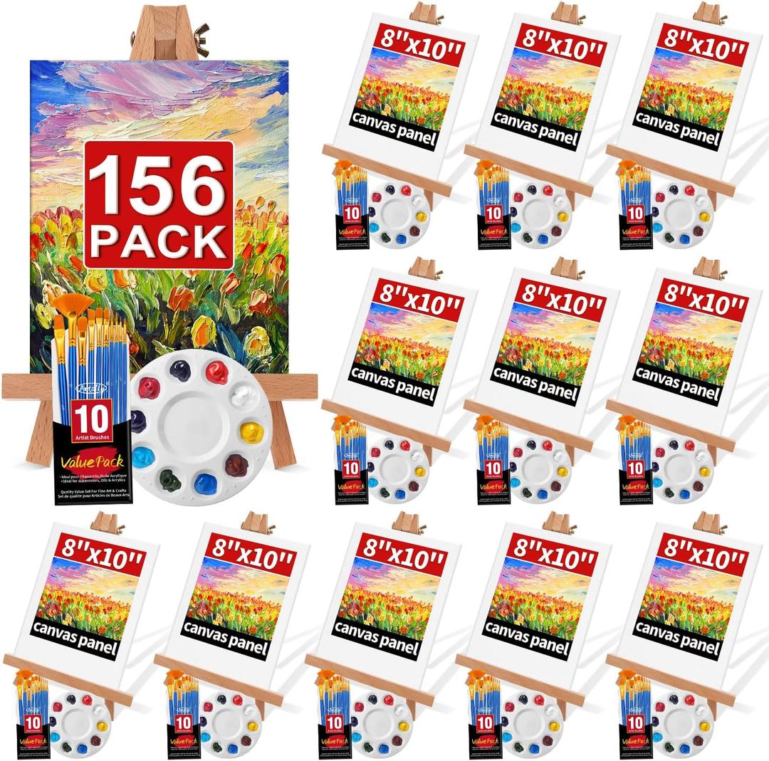 156 Pack Easel and Canvas Sets with 13 Wood Easels,120 Brushes,12 Canvas and 12 Palette, Painting Set, Tabletop Easel, Art Easels, Painting Supplies for Kids & Adults to Paint Party