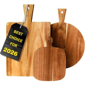 Acacia Wood Cutting Board Set of 3 with Handles  Round, Rectangular & Paddle Charcuterie Boards for Cheese, Meat, Pizza, Bread & Fruits (16"L x 12"W)
