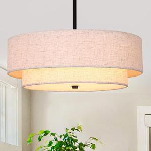 Black Modern Chandelier 18'' Linen Drum Chandeliers with Fabric Lampshade Pendant Light Fixture 3-Light Farmhouse Chandeliers for Dining Room Bedroom Kitchen Hallway Foyer, 18" 2-Layer