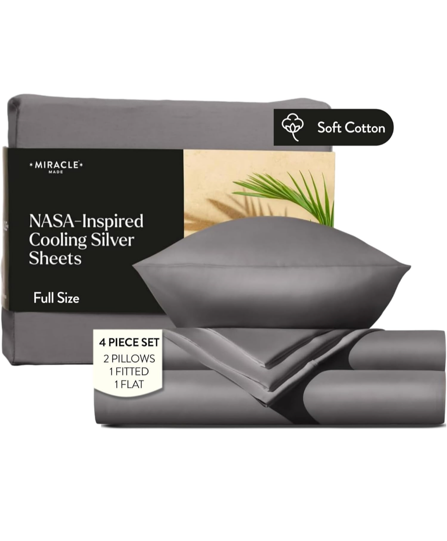 Miracle Made Breathable Cotton Bed Sheets, 4-Piece Set – Silver-Treated, Soft and Cool-to-The-Touch Lightweight Bedding Designed for Hot Sleepers – Full Size, Stone