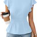 Blooming Jelly Women's Dressy Casual Blouses Business Ruffle Short Sleeve Tops Summer Crew Neck Smocked Shirts (Blue, XL)