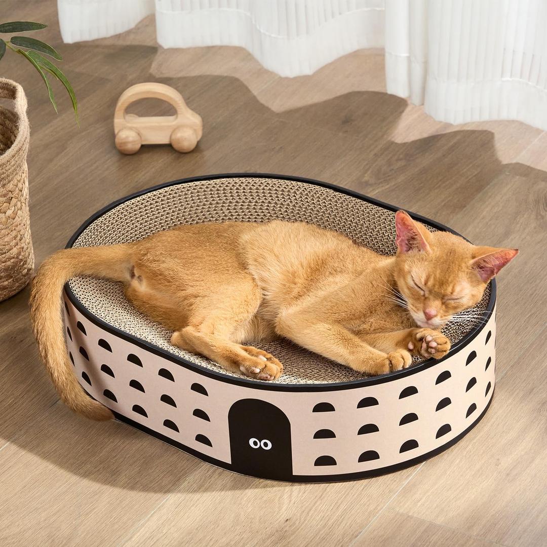 Oval Cat Scratcher Bed, 2-in-1 Cat Scratching Board, Natural Corrugated Cardboard Scratch Pad Lounge, Sealed Base Traps Debris,No Assembly Kitty Furniture,Stylish Colors Blends Any Home Decor (16.9"L x 12.9"W x 3.9"Th, Door)