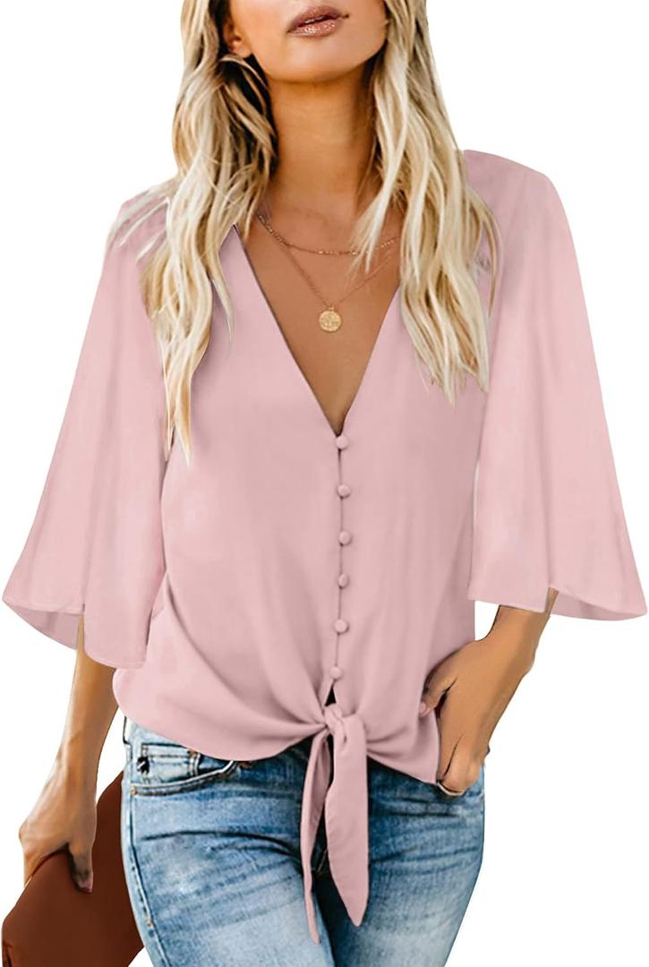 luvamia Women's Casual V Neck Tops 3/4 Sleeve Tie Knot Blouses Solid Button Down Shirts (Pink, M)