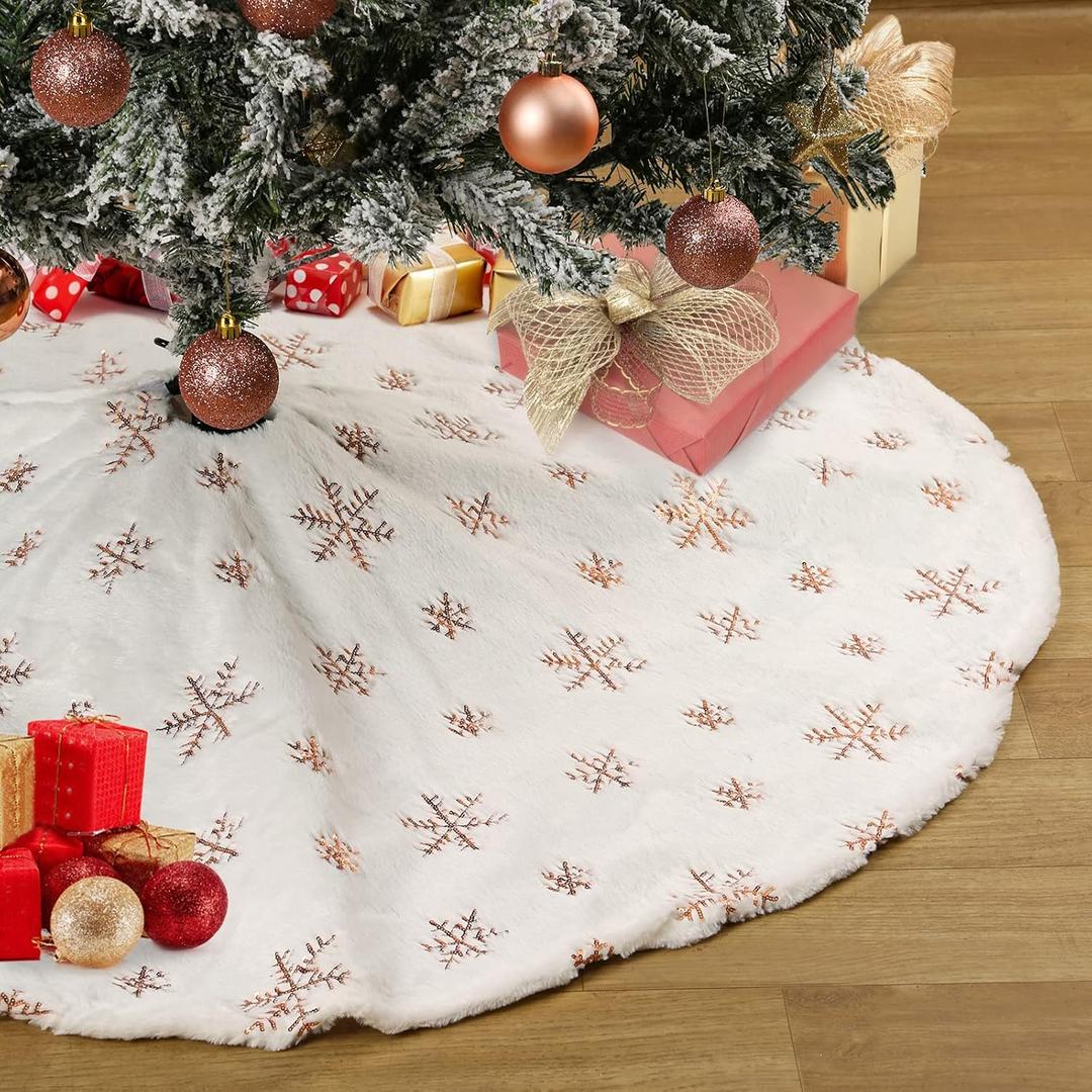 White Christmas Sequined Tree Skirt - 24" Fluffy Tree Skirt, Double Layers, Snowflake Pattern for Home Decoration & Xmas Luxury Ornaments (Rose Gold Snowflake)