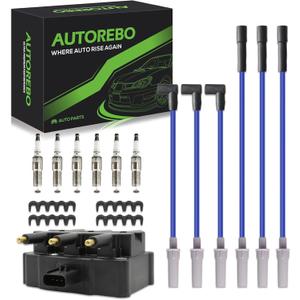 Set of 1 Ignition Coils Pack UF412 56029098AA with 6 Iridium Spark Plugs and Spark plug Wire Set Compatible with Jeep Wrangler 2007-2011 V6 3.8L # UF305 56032520AF