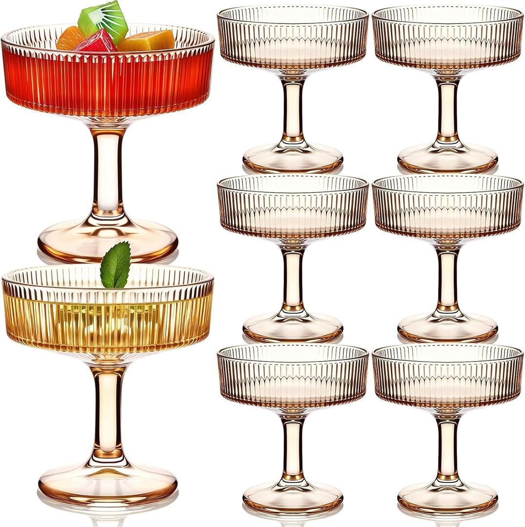Teenyyou 8 Pcs Ribbed Vintage Coupe Glasses 7 oz Martini Glasses Champagne Coupe Classic Cocktail Glassware Reusable Ribbed Glassware for Cocktail Martini European Style (Champagne Pink)