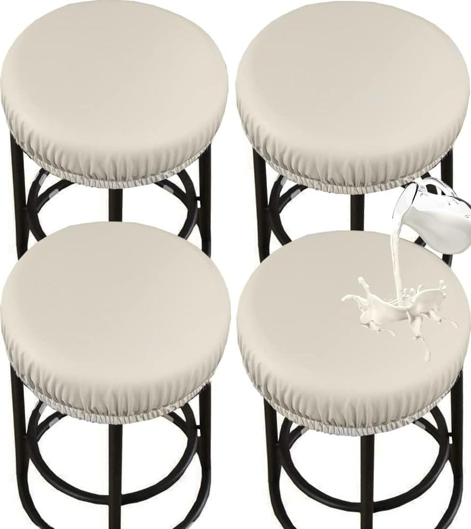 HFCNMY Stool Covers Round, Stretch PU Round Bar Stool Covers Waterproof Bar Stool Seat Covers Bar Chair Covers Washable Stool Cushion Slipcovers with Elastic Bands for 12-17 Inch Chair (4Pcs,Beige)