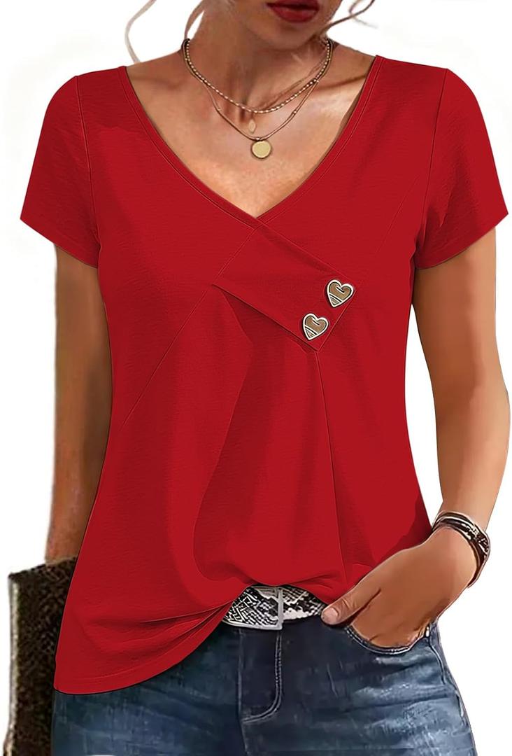 Womens Short Sleeve Summer Tops Button V Neck Tunic Shirts Dressy Casual Loose Fit Outfits (Red, S)