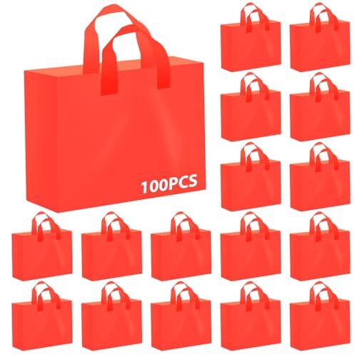 Amylove 100 Pcs Mother's Day Large Gift Bags Bulk Frosted Red Plastic Bags with Handles for Mother Teacher Appreciation Party Favors Boutique Retail Small Business Wedding Gift Packaging 16"x 12"x 6"