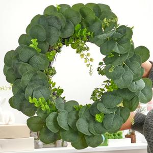 Eucalyptus Wreath for Front Door, Artificial Greenery Wreath with Realistic Leaves for Spring Easter Home Decor, Farmhouse Nordic Round Wreaths with Jute Hanger for Wall, Outdoor (11Lx11Wx2.56H)