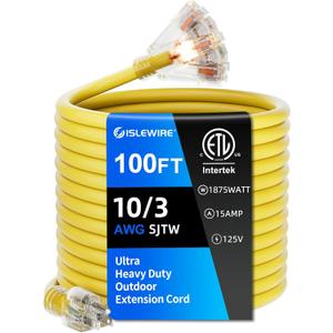100FT 10 Gauge Outdoor Extension Cord with Multiple Outlets, Heavy Duty Waterproof 3 Prong Power Cord with Lighted 3-Outlets, 15A 1875W Yellow Extension Cord for Garage, Garden, Jobsite, ETL Listed