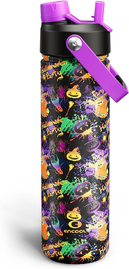 ENCOOL Insulated Water Bottle with Straw Stainless Steel Water Bottle, Leak-Proof, BPA-Free, Double Wall Vacuum Keeps Cold for 24 Hours for Sports, Travel, School (26 oz, Ghost Party)