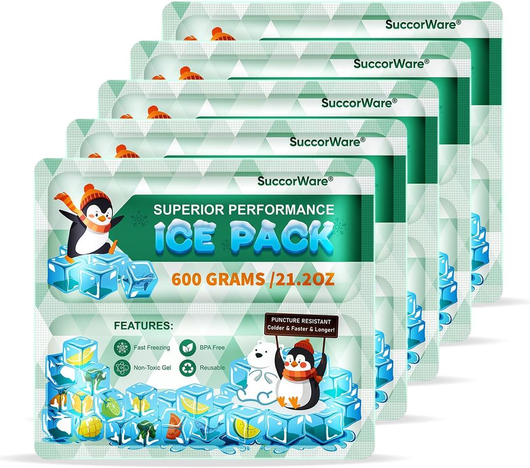 5 Packs Reusable Ice Packs for Lunch Boxes - 12+ Hour Cooling Ice Gel Pack for Camping, Beach, Office - Ice Packs for Cooler Bag, Cooler Backpacks (600 Grams)