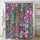 Black Pink Floral Shower Curtain, Hot Pink Boho Flower Fabric Shower Curtain, Cute Funky Watercolor Wildflower Shower Curtain Set, Cottagecore Bohemian Bathroom Decor, 72x72